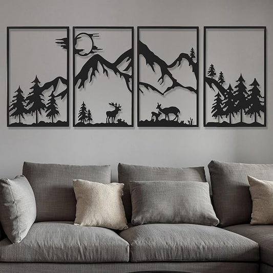 AMAATE Nordic Forest Deer Metal Wall Art Set of 4, Black Iron Animal Silhouette Wall Decor with Mountain and Pine Tree Designs, Minimalist Nature Themed Art for Living Room, Bedroom, Cabin Decor,11" X 14.6"