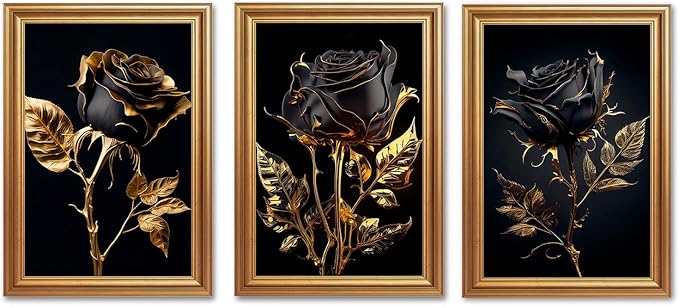 ICHZUMW Black and Gold Wall Decor, Gold Framed Glam Rose Canvas Wall Art, Set of 3 Ready to Hang Fade Resistant Floral Prints with Moody Dark Academia Aesthetic for Bedroom Living Room, 16x24 Inches
