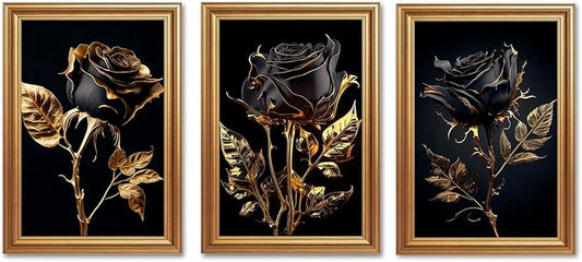 ICHZUMW Black and Gold Wall Decor, Gold Framed Glam Rose Canvas Wall Art, Set of 3 Ready to Hang Fade Resistant Floral Prints with Moody Dark Academia Aesthetic for Bedroom Living Room, 16x24 Inches
