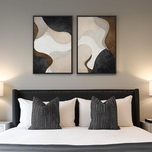Framed Neutral Abstract Minimalist Wall Art Set of 2, Modern Canvas Prints Paintings Artwork for Walls, Black Beige Brown Abstract Art Pictures for Bedroom Living Room Dining Room Wall Decor 16x24 In