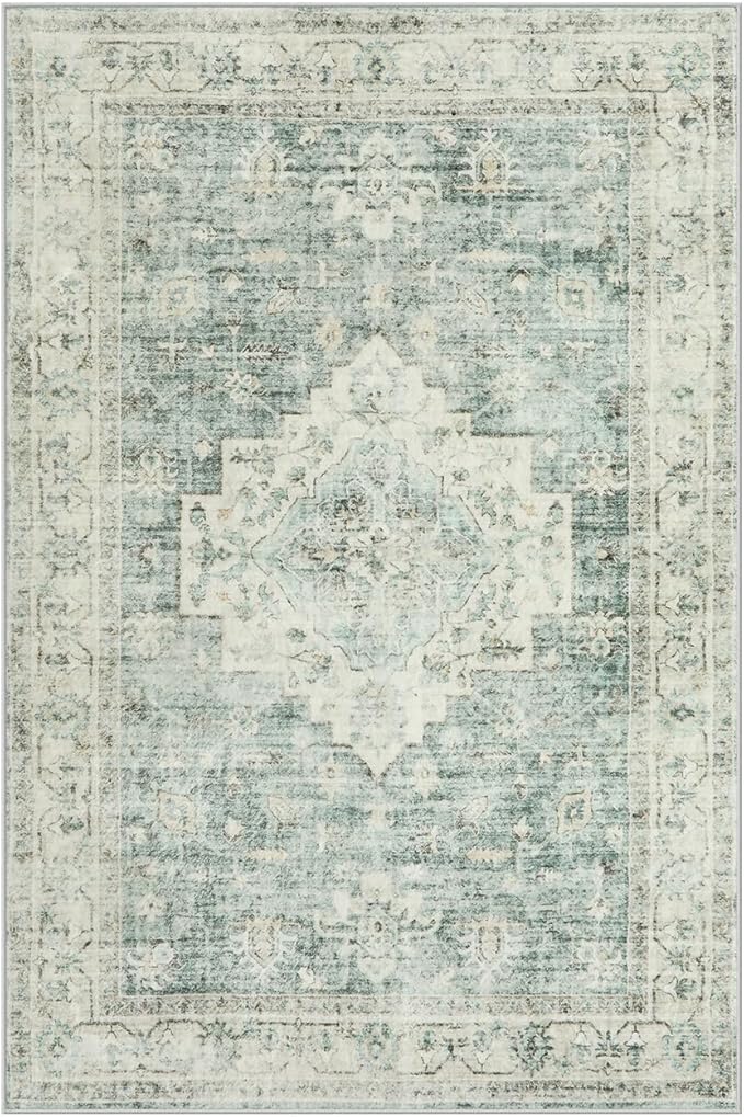 LIVEBOX Bedroom 4x6 Washable Area Rug for Entryway Kitchen, Non-Slip Soft Boho Rugs for Dining Room Office, Farmhouse Low-Pile Neutral Soft Carpet for Nursery Room Playroom, Sage Green