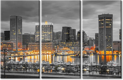 TUMOVO Baltimore City Skyline Canvas Wall Art 3 Panel American Cityscape Pictures Black and White Wall Art Beautiful Cityscape Modern Artwork Wall Decor Framed Ready to Hang (60" Wx40 H)