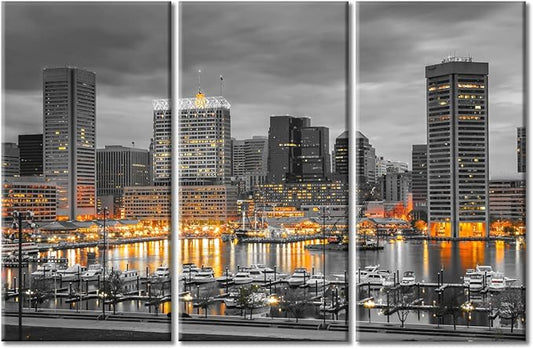 TUMOVO Baltimore City Skyline Canvas Wall Art 3 Panel American Cityscape Pictures Black and White Wall Art Beautiful Cityscape Modern Artwork Wall Decor Framed Ready to Hang (60" Wx40 H)