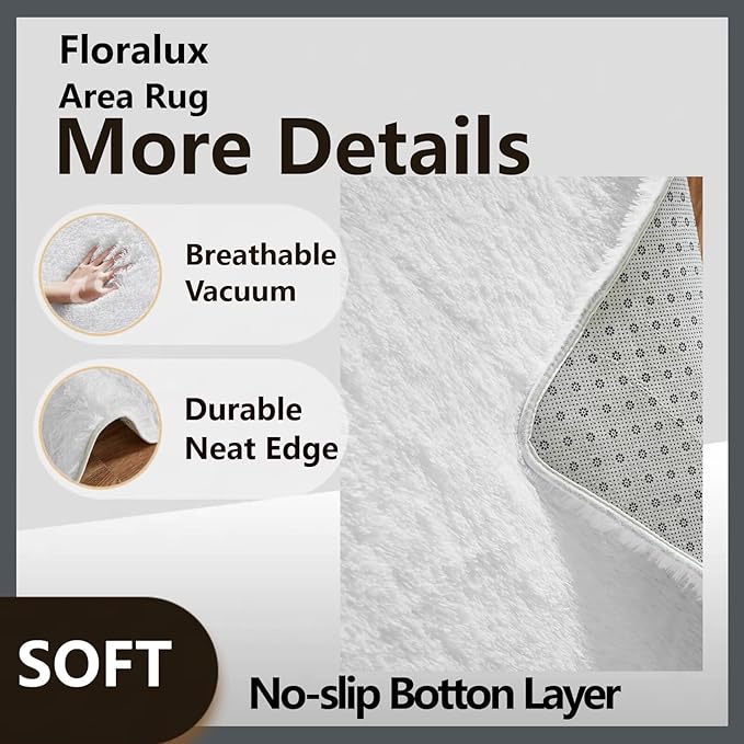Floralux 5x7 Area Rugs for Living Room, White Shag Rug for Bedroom, Ultra Soft High-Pile Plush Indoor Carpets for Living Room, Playroom, Nursery
