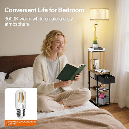 Lightdot Floor Lamp with Shelves&Drawer, Modern Standing Lamp with 350° Adjustable Lamp Head, Fabric Shade& Bulb Included, Display Corner Floor Lamp for Living Room/Sofa Beside/Corner Decor