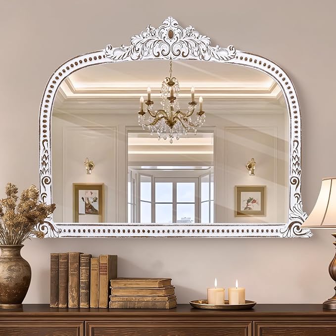 HOITUZYUS French Vintage Statement Wooden Mirror: 32x42 Inch Baroque Arched Mirror, Ornate Decorative Wall Mirrors for Fireplace Mantel, Living Room, Entryway, Bedroom
