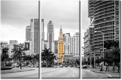 TUMOVO 3 Pieces Miami City Skyline Pictures Home Decor Skyscrapers Cityscape Canvas Paintings Wall Art for Living Room Print on Canvas Stretched and Framed Ready to Hang (42" Wx28 H)