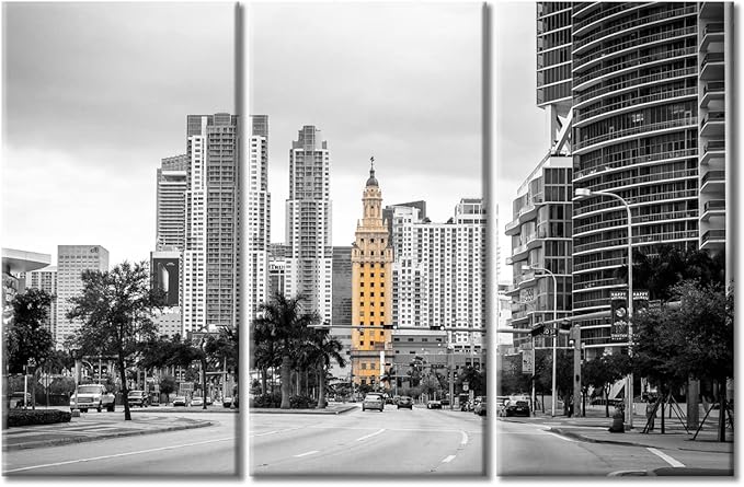 TUMOVO American Cityscape Canvas Wall Art Miami USA Downtown City Skyline Artwork Pictures Black and White Wall Art 3 Panel Posters and Prints Framed Ready to Hang (60" Wx40 H)