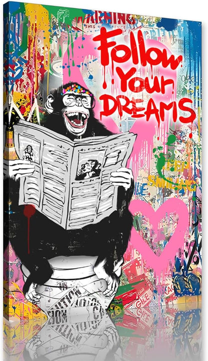 Monkey on Toilet Canvas Print Wall Art Follow Your Dreams Funny Wall Decor Animal Graffiti Poster Framed Artwork for Living Room Bedroom Bathroom Decoration Ready to Hang 12x16inch