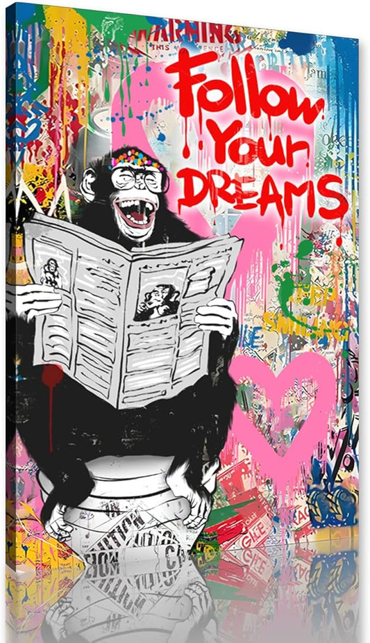 Monkey on Toilet Canvas Print Wall Art Follow Your Dreams Funny Wall Decor Animal Graffiti Poster Framed Artwork for Living Room Bedroom Bathroom Decoration Ready to Hang 12x16inch
