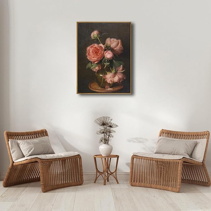 Pyradecor Extra Large Vintage Home Decor Retro Framed Canvas Wall Art Pfingstrosen Canvas Prints Classical Floral Farmhouse Wall Decor for Living Room Decorations