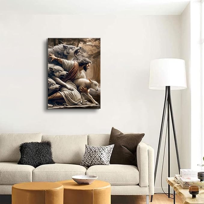 Jesus and Lamb Canvas Wall Art Jesus Saves The Lost Lamb Picture Wall Decor God Protect A sheep From Wolves Painting Print Christian Poster Artwork for Living Room Bedroom Church（16x24in Canvas）