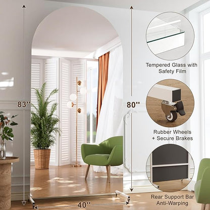 80” x 40” Arched Full Length Rolling Floor Mirror on Lockable Wheels, Large Whole Body for Home Gym & Dance Studio, Shatter-Resistant Tempered Safety Glass, 360° Swivel, White Metal Frame and Stand