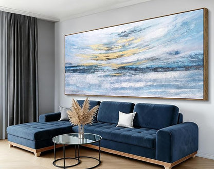 Nicetop 86x39 Extra Large Abstract Ocean Sunset Wall Art, Hand-Applied Gold Foil & Hand-Painted Texture, Serene Coastal Oil Painting, Natural Wood Frame, Modern Decor for Living Room Bedroom Office