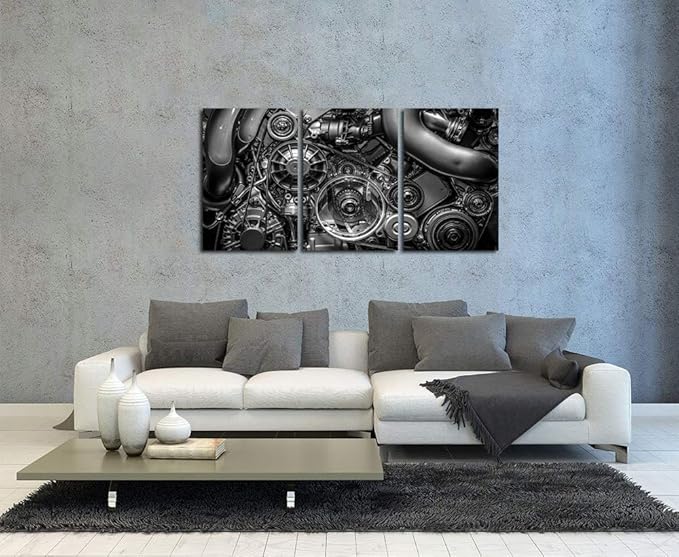 HOMEOART Engine Wall Art Closeup Gear and Chain Black and White Picture Canvas Print Gallery Wrapped Man Cave Wall Decor 24"x48" (3 Panels)
