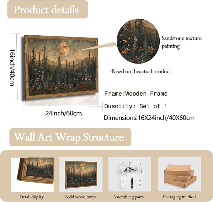 Vintage Nature Forest Wall Art Dark Moon Landscape Painting Wall Decor Woodland Picture Artwork 3D Textured Hand Drawn Sandstone for Farmhouse Bedroom Living Room 16x24 inch Wood Framed