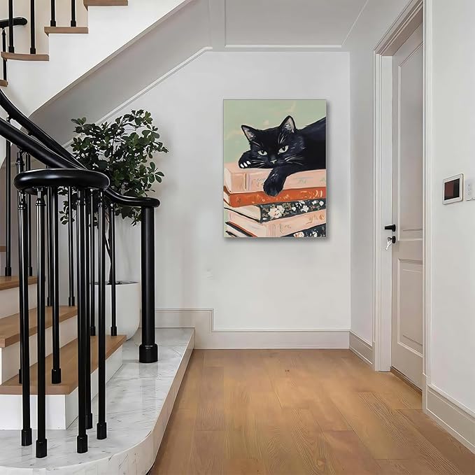 Framed Black Cat Canvas Wall Art, Funny Cat lying on a pile of books Painting, Abstract Animal Posters Prints Wall Decor for Living Room Bathroom Gallery Dining Room Decor 12x16 inch