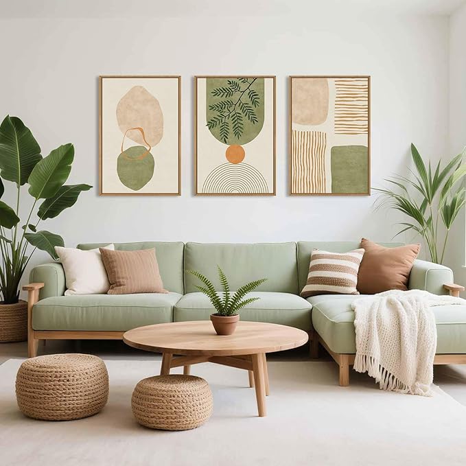 Celestdeco Large Boho Sage Green Framed Canvas Wall Art Set,Abstract Minimalist Geometric Line Wall Decor,Modern Mid Century Beige Leaf Artwork for Living Room,Bedroom,Dining Room,Office-24 x36 x3
