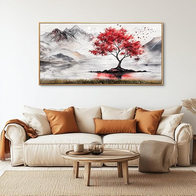 QIYILEXWART Wood Framed Canvas Wall Art For Living Room Wall Decor For Bedroom Office Wall Decorations Red Tree Painting Farmhouse Pictures Artwork Room Aesthetic Home Decor
