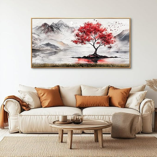 QIYILEXWART Wood Framed Canvas Wall Art For Living Room Wall Decor For Bedroom Office Wall Decorations Red Tree Painting Farmhouse Pictures Artwork Room Aesthetic Home Decor