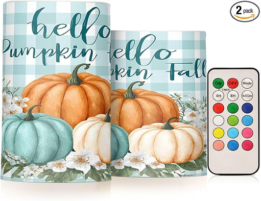 ALAZA Fall Autumn Pumpkins Teal Buffalo Plaid Flickering Flameless Candles Battery Operated with Remote Timer,Tea Light Candles LED Pillar Votive Candles Set of 2 for Outdoor Indoor Decorations