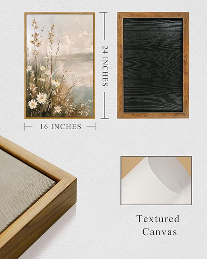 InSimSea Framed Canvas Wall Art Vintage Decor, Wildflowers Landscape Pictures Bathroom Wall Decor Aesthetic, Living Room Bedroom Flower Nature Home Decorations, 16x24inch