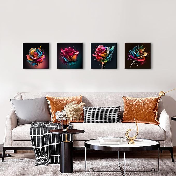 Colorful Rose Wall Art Abstract Graffiti Rainbow Flower Canvas Prints Pictures Bedroom Decor 12x12" 4 Pcs Modern Watercolor Black Background Paintings Artwork for Living Room Bathroom Home Decorations