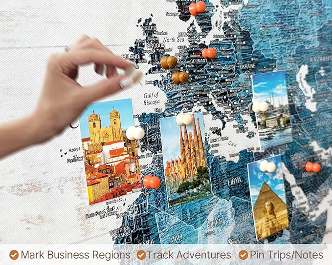 Canvas Wall Art Office Artwork Large Modern Abstract Map of the World Push Pin Board Travel Map Blue Pictures for Living Room Bedroom Dining Room Motivational Home Decor