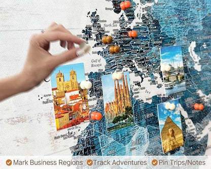 Canvas Wall Art Office Paintings Giant Modern Abstract World Maps for Wall Travel Map with Pins Blue Paintings for Living Room Bedroom Dining Room Wall Decoration