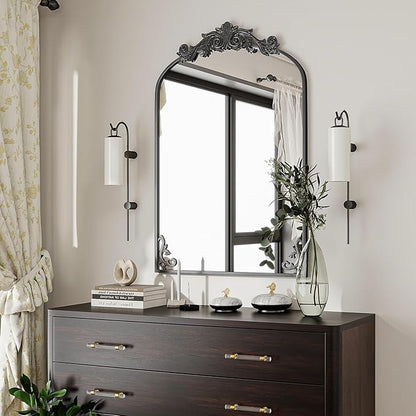VooBang 26x38 inch Vintage Arched Bathroom Mirror - Gorgeous Wall Vanity Mirror with Beautiful Retro Top and Bottom Engraving Process Frame for Entryway Hallway Living Room, Black