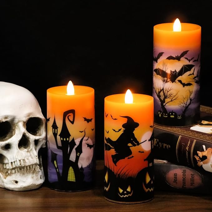 Halloween Flameless LED Candles Battery Operated with Remote and Timer, Real Wax Flickering Pillar Candles Flat Wick Dimmable Light Castle Witch Bats Holiday Decor(3 Pack, 3 x 6 Inches)