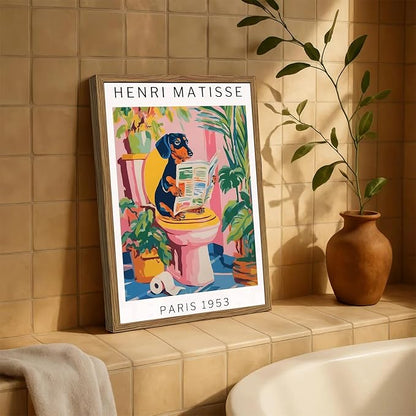 Funny Dachshund Bathroom Wall Art Henri Matisse Dog Bathroom Wall Decor Picture, Cute Puppy Animal Reading Newspaper in Toilet Poster Painting Canvas Print 16x24 inch Wood Framed