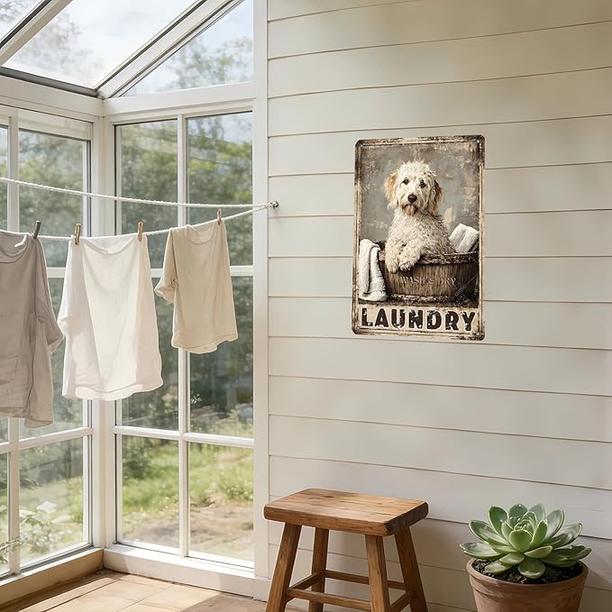 Labradoodle Dog Laundry Vintage Tin Sign Metal Aluminum Sign Iron Painting Vintage Wall Decoration Poster for Home Hotel Bathroom 12x8 Inch