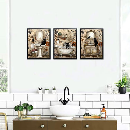 sechars Vintage Bathroom Wall Art Black Cats Painting Pictures Framed Bathroom Decor Canvas Print