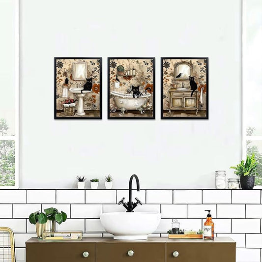 sechars Vintage Bathroom Wall Art Black Cats Painting Pictures Framed Bathroom Decor Canvas Print