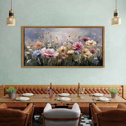 Colorful Pink Floral Wall Art Framed Bedroom Decor Abstract Nature Wildflower Picture Canvas Prints for Living Room Home Decorations, French Country Flower Painting Poster Farmhouse Artwork 30x57.8
