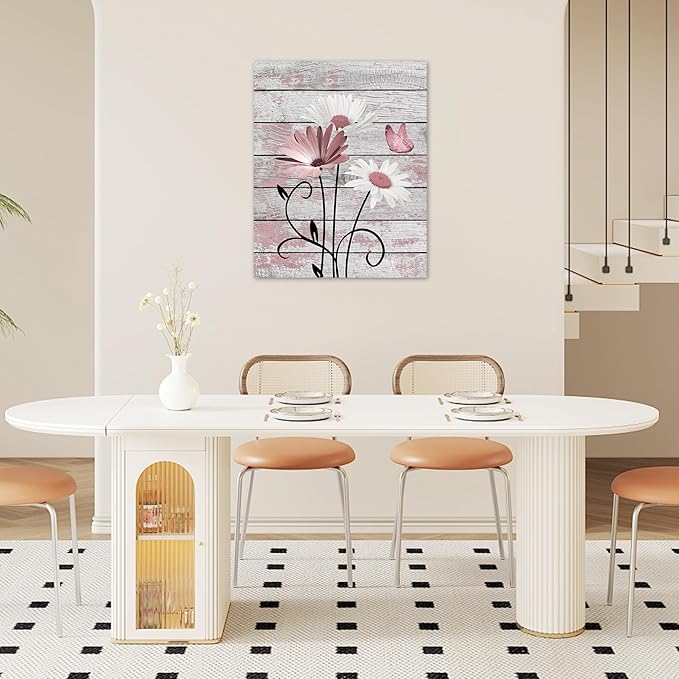 HVEST Vintage Floral Canvas Wall Art Pink and White Daisy Butterfly on Farmhouse Wooden Wall Decor for Bedroom, Country Wildflower Framed Wall Art for Living Room Office Home Decor,20L X 16W inches