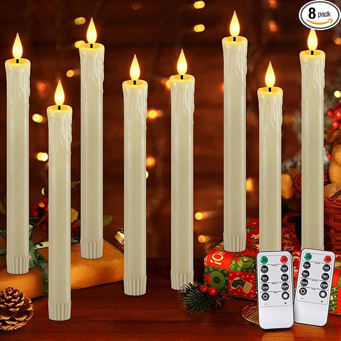 OCATO Flameless Candles with Remote: 8 Pack Battery Operated Window Candles 9.6" Real Wax LED Flickering Flameless Taper Candles 3D Wick Lights Halloween Christmas Wedding Decorations Cream
