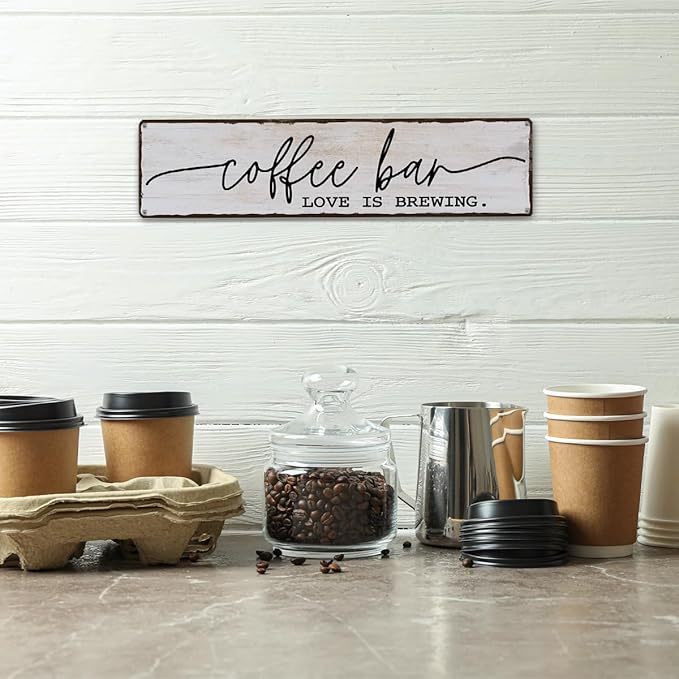 Coffee Bar Sign, Love is Brewing Signs, Retro Metal Tin Sign, Vintage Coffees Wall Art, Decorations for Kitchen, Cafe, Coffee Station, Home Bar, Decorative Metal Wall Signs 15.8x4 Inches