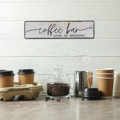 Coffee Bar Sign, Love is Brewing Signs, Retro Metal Tin Sign, Vintage Coffees Wall Art, Decorations for Kitchen, Cafe, Coffee Station, Home Bar, Decorative Metal Wall Signs 15.8x4 Inches