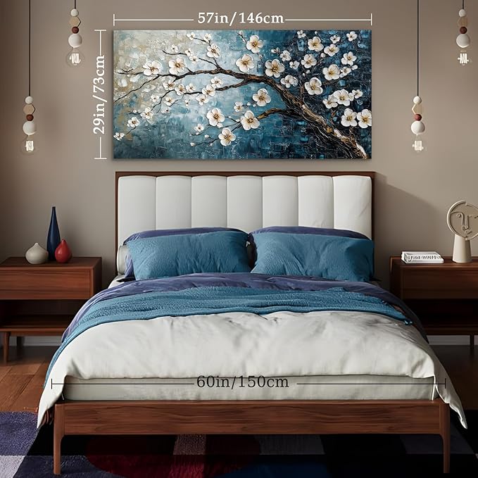 crmotu Teal Tree Wall Art, Plum Blossom Extra Large Artwork, Chinoiserie Floral Canvas Botanical Prints, Blue Plant Modern Wall Pictures for Living Room Bedroom Office Farmhouse Cottage 29X57 Inches