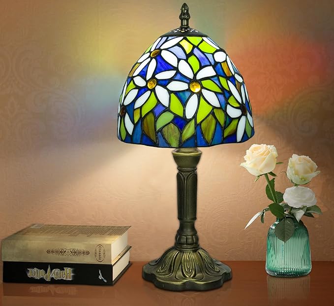 Tiffany Style Table Lamp, 3 Color Temperatures Bedside Lamp, 8 Inch Stained Glass Desk Light for Home Office Bedroom Living Room (White Petal Pattern)