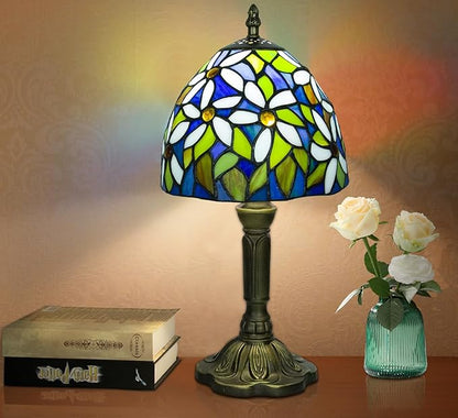 Tiffany Style Table Lamp, 3 Color Temperatures Bedside Lamp, 8 Inch Stained Glass Desk Light for Home Office Bedroom Living Room (White Petal Pattern)