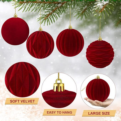 Liliful 12 Pcs Velvet Christmas Ornaments Balls, 4 Inch Flocked Plastic Christmas Tree Ball Shatterproof Hanging Ornaments Decorations for Xmas Tree Vintage Holiday Rustic Home Decor(Wine Red)