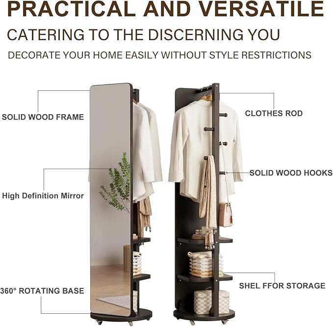 WoodsWhisper Full Length Mirror Coat Rack Solid Wood Floor Mirror 66"x12" Full Length Mirror with Stand Long Mirrors for Bedroom,Living Room (Black-Mobile, 66" Lx12 W)
