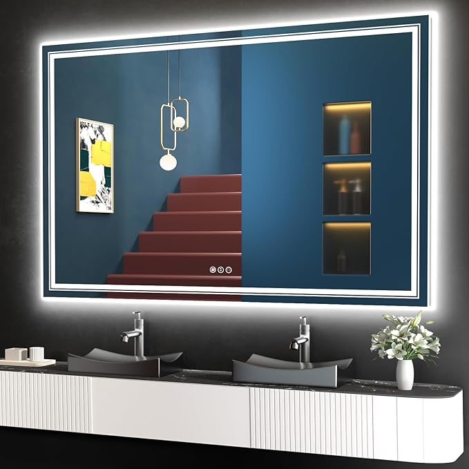 Snowdool LED Bathroom Mirror, 60"X40" with Front and Backlit, Anti-Fog, Large Bathroom Vanity Mirror for Wall, Memory Function, Stepless Dimmable, Tempered Glass (Horizontal/Vertical)