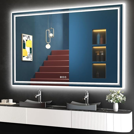 Snowdool LED Bathroom Mirror, 60"X40" with Front and Backlit, Anti-Fog, Large Bathroom Vanity Mirror for Wall, Memory Function, Stepless Dimmable, Tempered Glass (Horizontal/Vertical)