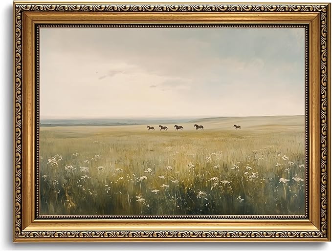 WZGZXU Vintage Gold Framed Wall Art Horse Canvas Art Wild Horses In Field Pictures Wall Decor Farmhouse Prints Country Paintings Landscape Artwork For Living Room Bedroom Gallery 12x16in
