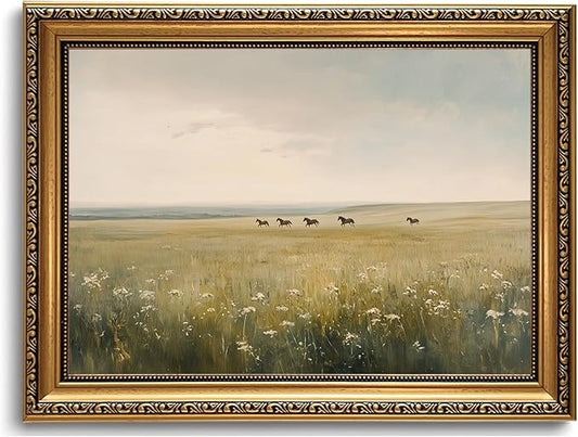 WZGZXU Vintage Gold Framed Wall Art Horse Canvas Art Wild Horses In Field Pictures Wall Decor Farmhouse Prints Country Paintings Landscape Artwork For Living Room Bedroom Gallery 12x16in