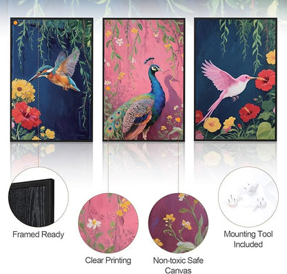 Aurlan Colorful Birds Flowers Framed Wall Art(16"x24"), 3PCS Large Classic Elegance Hummingbird Peacock Canvas Artwork, Vintage Abstract Watercolor Peony Floral Willow Decor for Home Office Bedroom